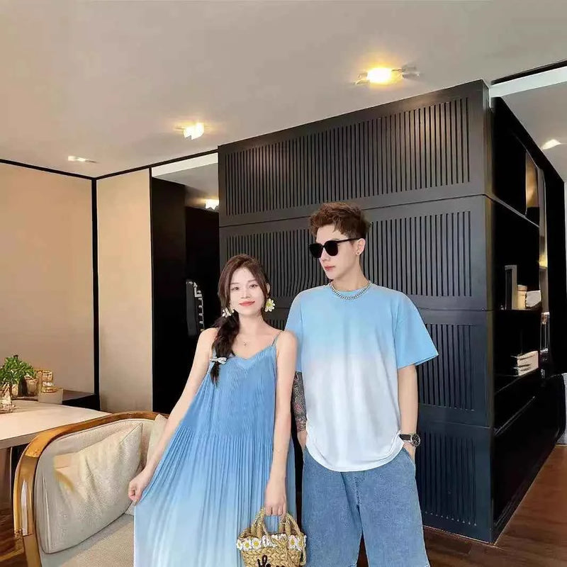 Family Fashion Beach Mother Father and Girl Boy Blue Clothes Vacation Look Mom Daughter Holiday Dress Korean Dad Son T Shirts