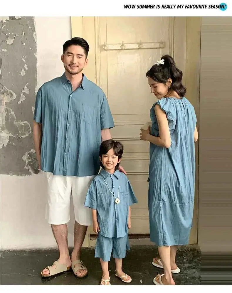 Family Matching Clothes for Brother Sister Mom Daughter Blue Dress Dad Son Clothing Korean Children Two Piece Set Couples Outfit
