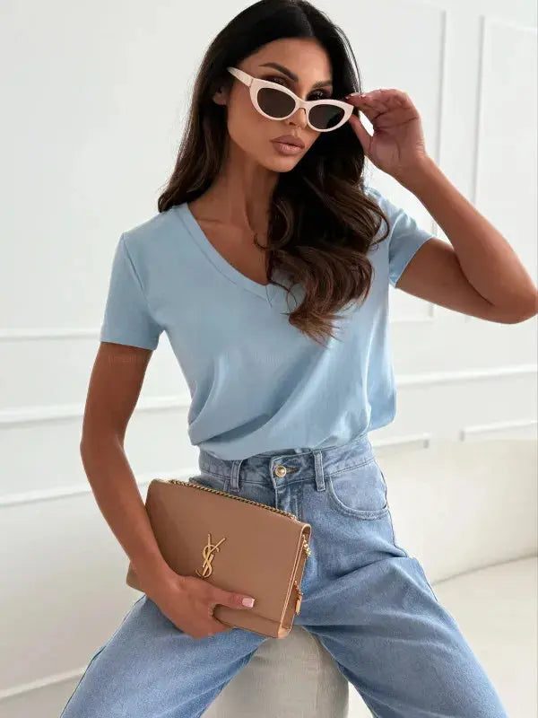 Women's Blouses T-shirt New Fashion Summer Pullover Tops White Short Sleeve Slim Fit V-Neck T-Shirt For Women Casual Clothing - Mein Shop