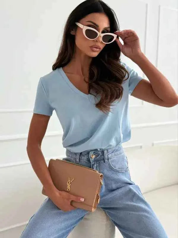 Women's Blouses T-shirt New Fashion Summer Pullover Tops White Short Sleeve Slim Fit V-Neck T-Shirt For Women Casual Clothing