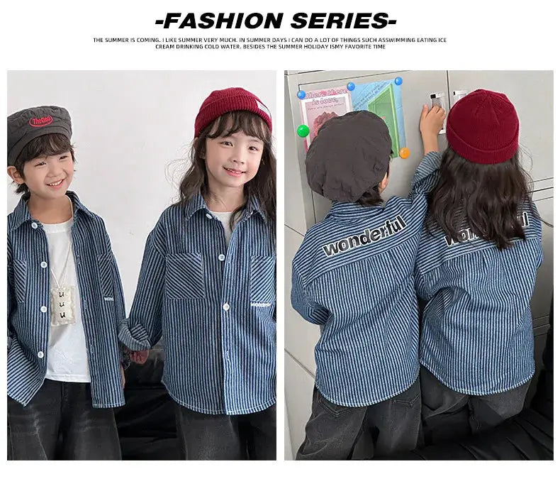 Family Cotton Denim Shirts Parent-child Fashion Clothes Mother and Daughter Jacket Korean Father and Son Same Stripe Coat Tops - Mein Shop