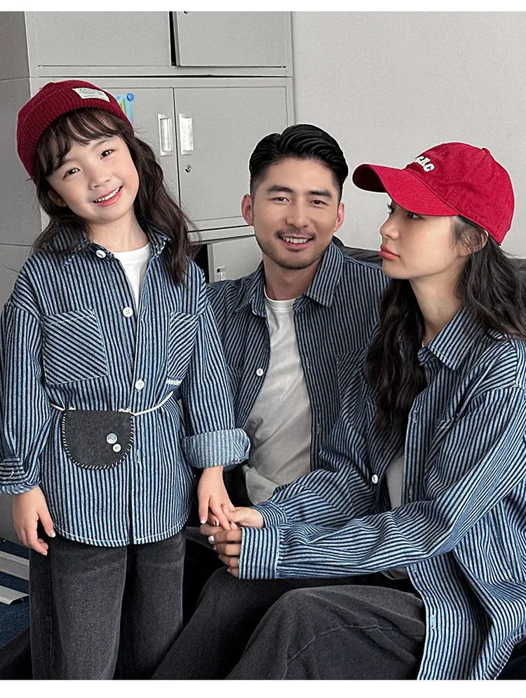 Family Cotton Denim Shirts Parent-child Fashion Clothes Mother and Daughter Jacket Korean Father and Son Same Stripe Coat Tops - Mein Shop