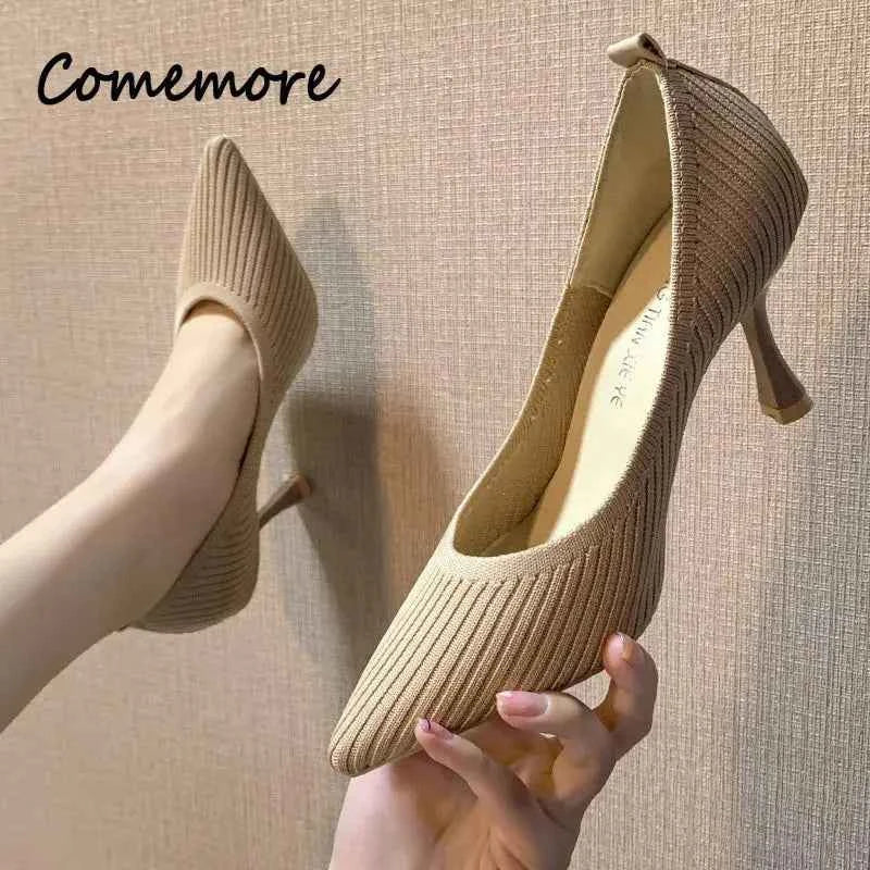 Comemore Comfortable Stilettos Dress Women's Shoes Spring 2023 Trend New Pointed High Heels Fashion Knitted Pumps Knitted Shoe