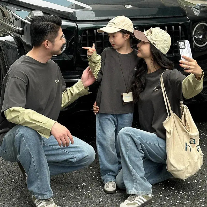Fashion Family Long Sleeve T-shirt Parent-child Tee Korean Father Mother and Son Daughter Same Clothes Dad Mom and Baby Clothing - Mein Shop