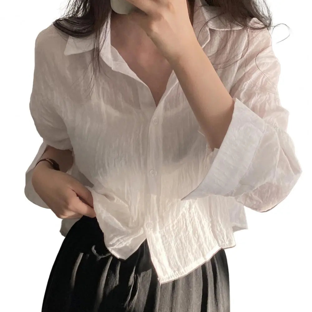 Women Shirt Turn Down Collar Cardigan Shirt Women Solid Color Sun Shirt - Mein Shop