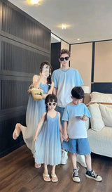 Family Fashion Beach Mother Father and Girl Boy Blue Clothes Vacation Look Mom Daughter Holiday Dress Korean Dad Son T Shirts