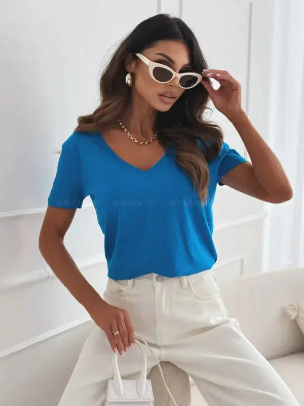 Women's Blouses T-shirt New Fashion Summer Pullover Tops White Short Sleeve Slim Fit V-Neck T-Shirt For Women Casual Clothing - Mein Shop