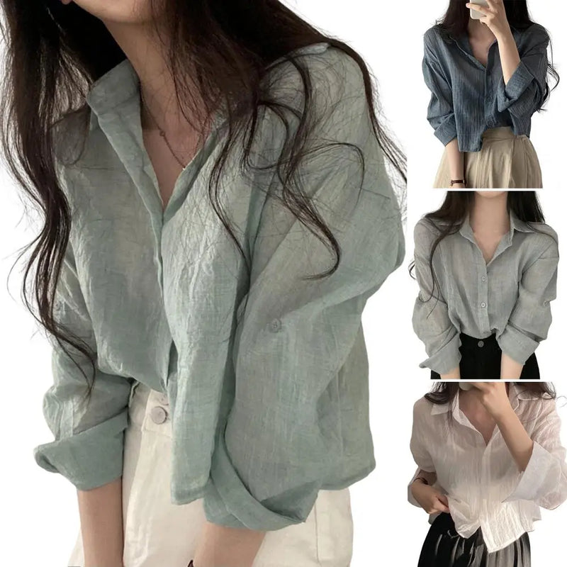 Women Shirt Turn Down Collar Cardigan Shirt Women Solid Color Sun Shirt - Mein Shop