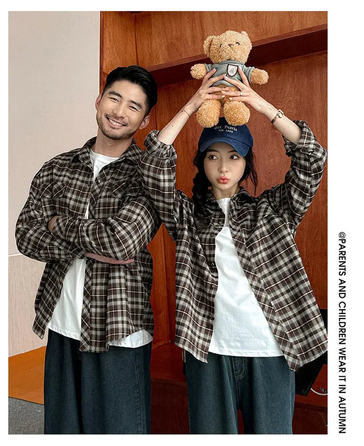 Equal Family Plaid Shirts Autumn Father Mother and Daughter Son Same Long Sleeve Tops Korean Vintage Parent-child Jacket Coat - Mein Shop
