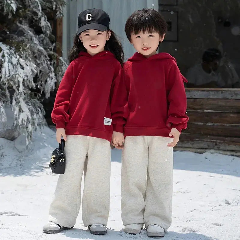 Funny Family Red Hoodies Ear Winter Warm Parent-child Clothes Dad Mom Daughter Son Matching Thick Hooded Sweatshirts Pants Sets - Mein Shop