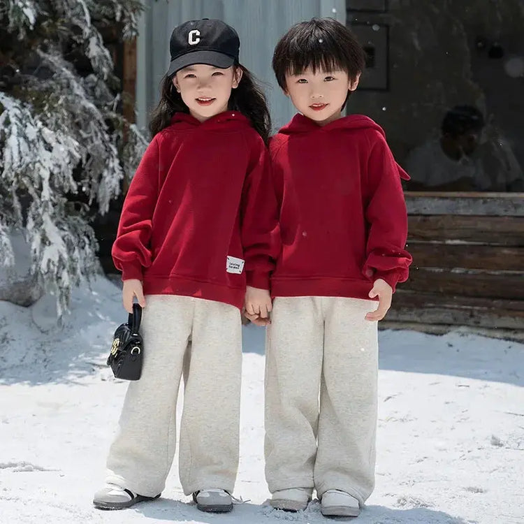 Funny Family Red Hoodies Ear Winter Warm Parent-child Clothes Dad Mom Daughter Son Matching Thick Hooded Sweatshirts Pants Sets - Mein Shop