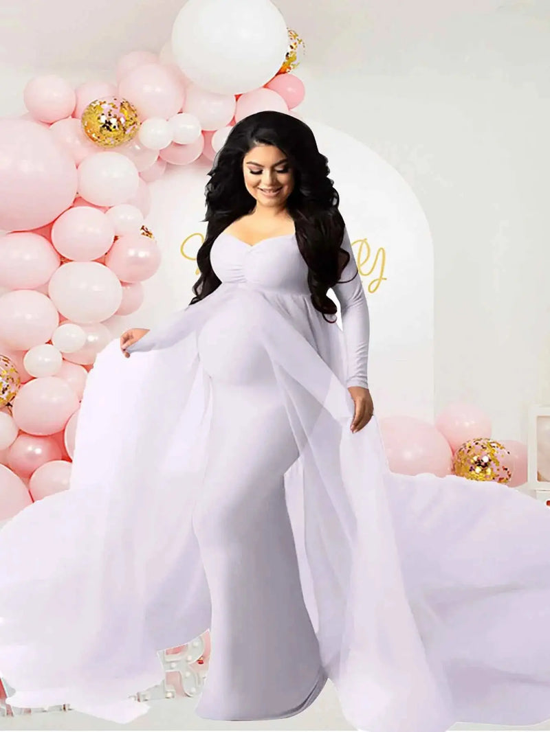 Schwangerenkleider Fotoshooting mit langen Ärmeln und V-Ausschnitt, elegante Mesh-Robe mit Bodenschleppe für Schwangerschaftsfotos und Babypartys