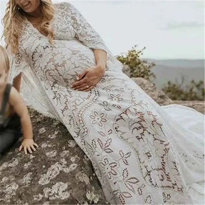 Umstandskleid mit Spitzenärmel - Maternity Batwing Sleeve V-Ausschnitt Langes Kleid für schwangere Frauen, ideal für Fotoshootings und als Requisit