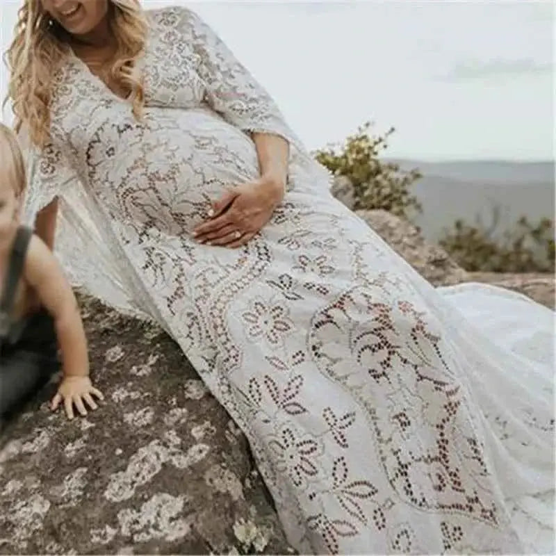 Umstandskleid mit Spitzenärmel - Maternity Batwing Sleeve V-Ausschnitt Langes Kleid für schwangere Frauen, ideal für Fotoshootings und als Requisit