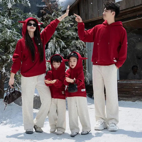 Funny Family Red Hoodies Ear Winter Warm Parent-child Clothes Dad Mom Daughter Son Matching Thick Hooded Sweatshirts Pants Sets - Mein Shop