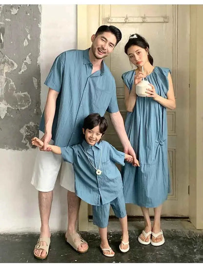 Family Matching Clothes for Brother Sister Mom Daughter Blue Dress Dad Son Clothing Korean Children Two Piece Set Couples Outfit