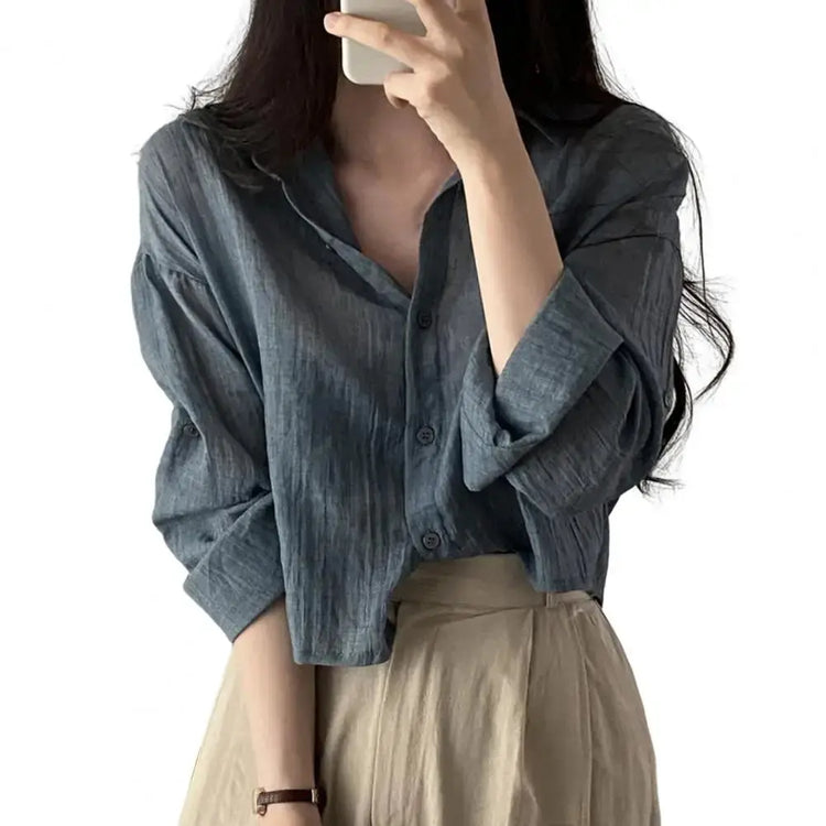 Women Shirt Turn Down Collar Cardigan Shirt Women Solid Color Sun Shirt - Mein Shop