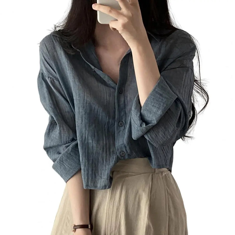 Women Shirt Turn Down Collar Cardigan Shirt Women Solid Color Sun Shirt - Mein Shop