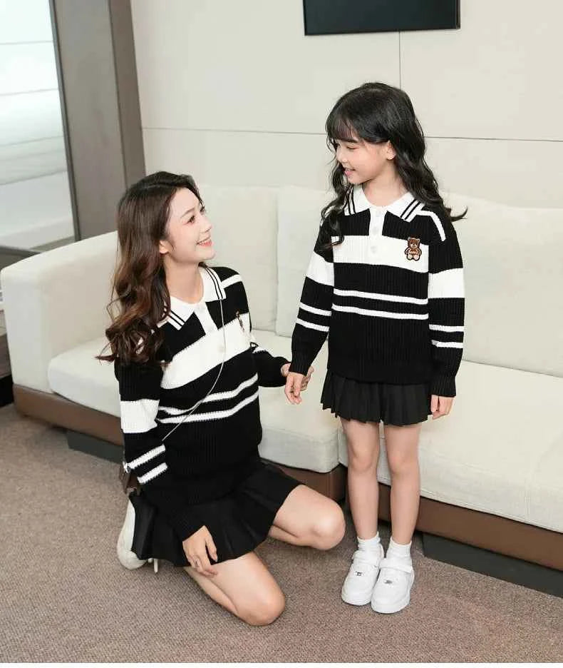 Sweater for The Whole Family Polo Knit Tops Fashion Mom and Daughter Child Girl Matching Jumper Dad and Son Baby Boy Knitwear