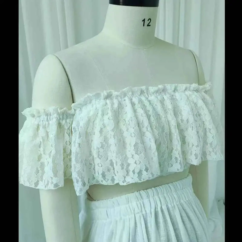 Schwangerschaftskleid Fotografie: Ein-Schulter Spitze Kurzoberteil & Leinen Baumwolle Lange Rock Maternity Kleider für Babypartys