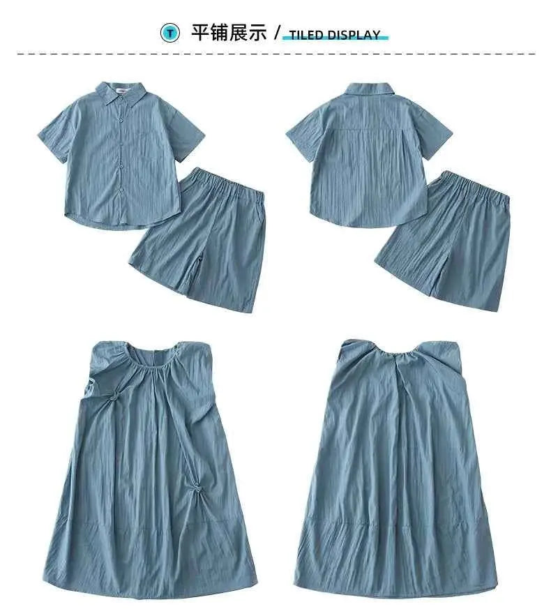 Family Matching Clothes for Brother Sister Mom Daughter Blue Dress Dad Son Clothing Korean Children Two Piece Set Couples Outfit