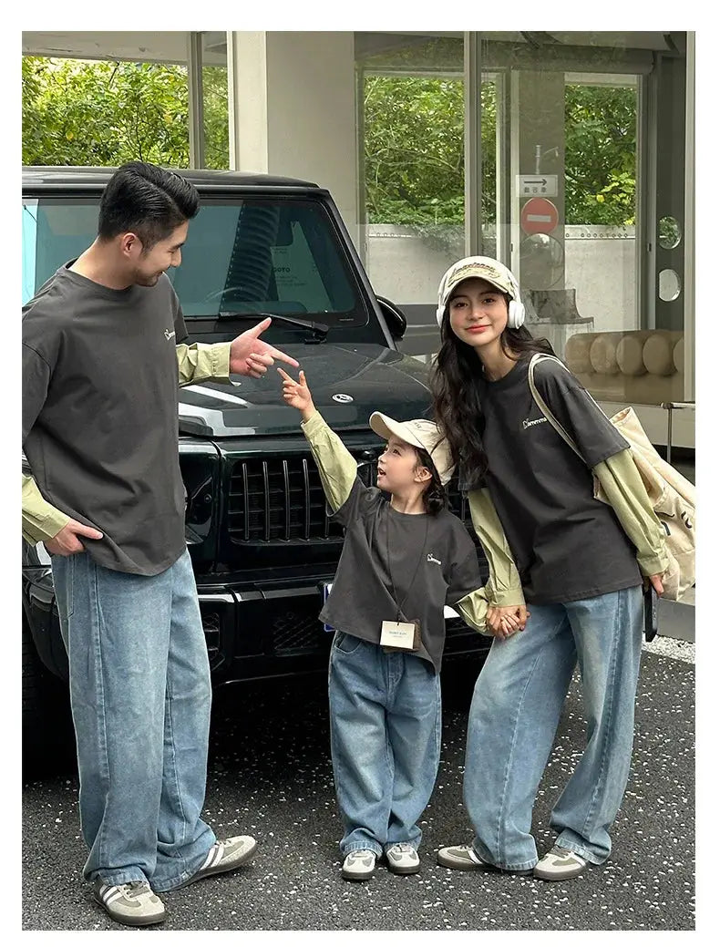 Fashion Family Long Sleeve T-shirt Parent-child Tee Korean Father Mother and Son Daughter Same Clothes Dad Mom and Baby Clothing - Mein Shop