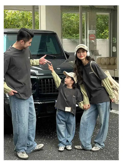 Fashion Family Long Sleeve T-shirt Parent-child Tee Korean Father Mother and Son Daughter Same Clothes Dad Mom and Baby Clothing