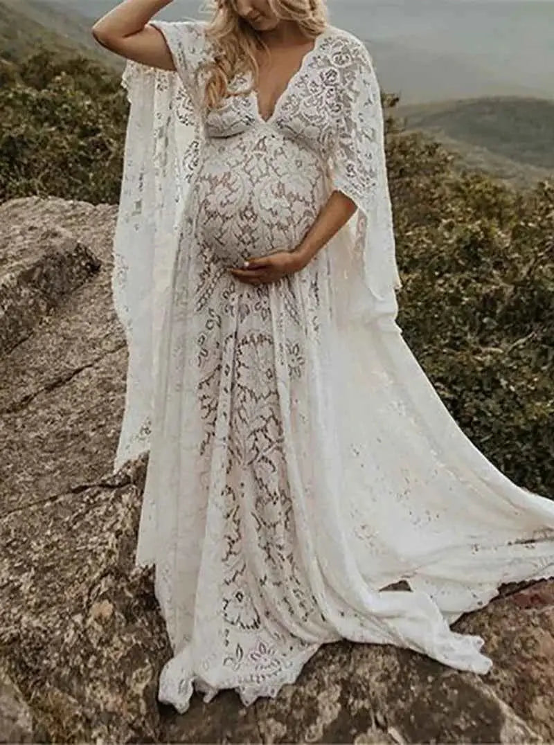 Umstandskleid mit Spitzenärmel - Maternity Batwing Sleeve V-Ausschnitt Langes Kleid für schwangere Frauen, ideal für Fotoshootings und als Requisit