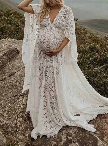 Umstandskleid mit Spitzenärmel - Maternity Batwing Sleeve V-Ausschnitt Langes Kleid für schwangere Frauen, ideal für Fotoshootings und als Requisit