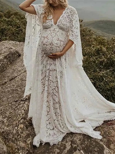 Umstandskleid mit Spitzenärmel - Maternity Batwing Sleeve V-Ausschnitt Langes Kleid für schwangere Frauen, ideal für Fotoshootings und als Requisit