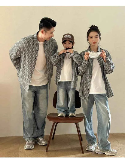 Matching Family Plaid Shirts Dad Mom and Boys Girls Fashion Clothes Korean Father Mother and Daughter Son Same Clothing Jacket