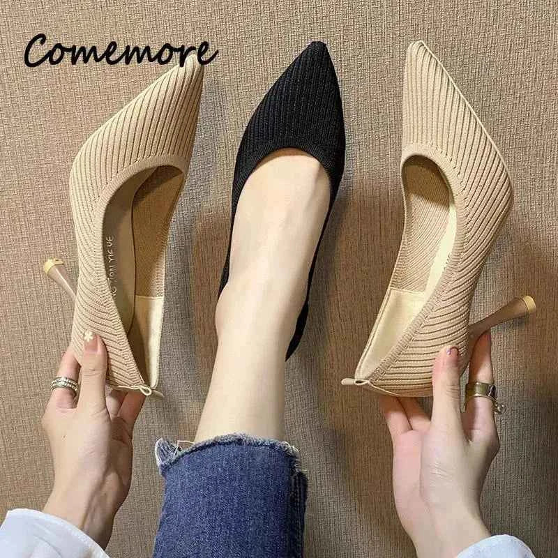 Comemore Comfortable Stilettos Dress Women's Shoes Spring 2023 Trend New Pointed High Heels Fashion Knitted Pumps Knitted Shoe