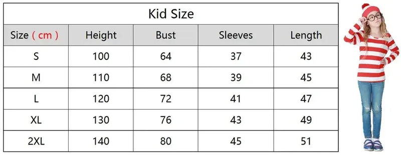 Waldo Book Week Fancy Dress Where's Wally Family Matching Parent-Child Costume Red White Stripe Shirt +Hat +Glasses Girls Boys - Mein Shop