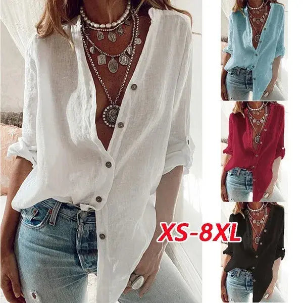 White Shirt for Women Long-sleeved Blouses Cotton Solid Color Loose V-neck Black Top Simple Casual Shirt for Female - Mein Shop