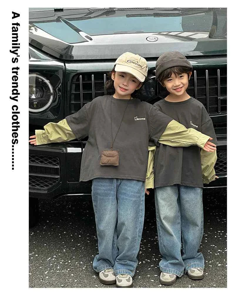 Fashion Family Long Sleeve T-shirt Parent-child Tee Korean Father Mother and Son Daughter Same Clothes Dad Mom and Baby Clothing