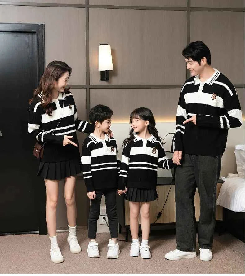 Sweater for The Whole Family Polo Knit Tops Fashion Mom and Daughter Child Girl Matching Jumper Dad and Son Baby Boy Knitwear