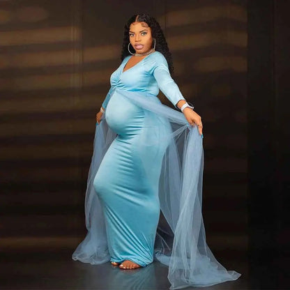 Schwangerenkleider Fotoshooting mit langen Ärmeln und V-Ausschnitt, elegante Mesh-Robe mit Bodenschleppe für Schwangerschaftsfotos und Babypartys