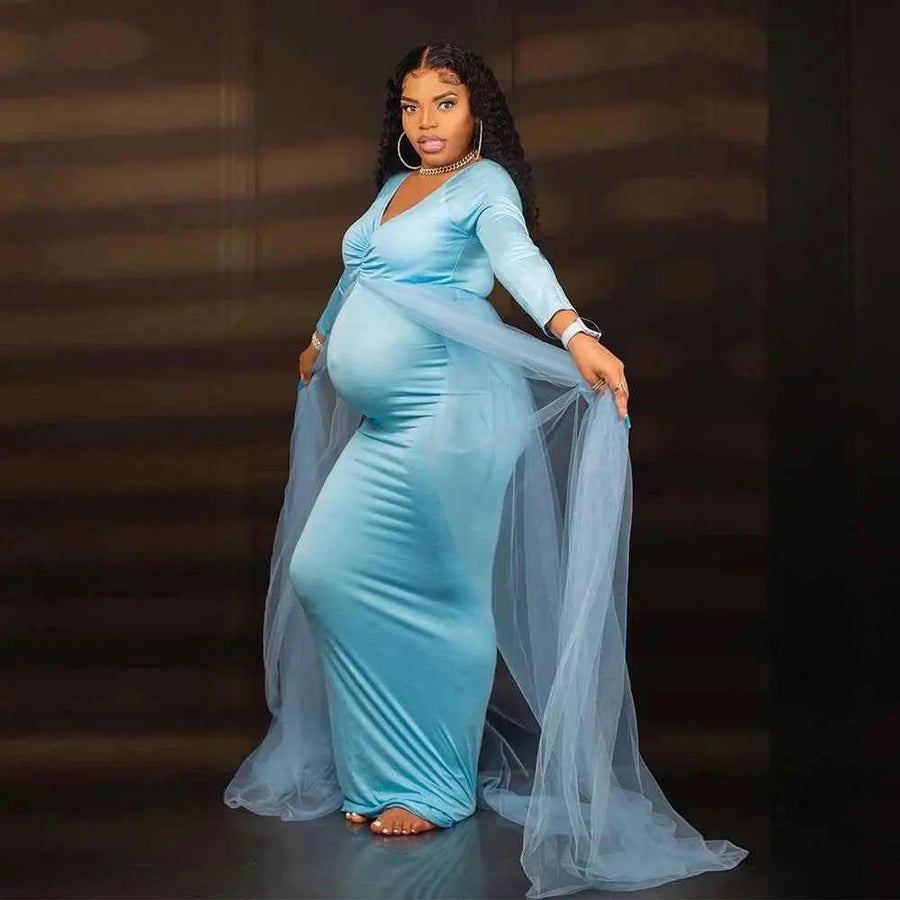 Schwangerenkleider Fotoshooting mit langen Ärmeln und V-Ausschnitt, elegante Mesh-Robe mit Bodenschleppe für Schwangerschaftsfotos und Babypartys