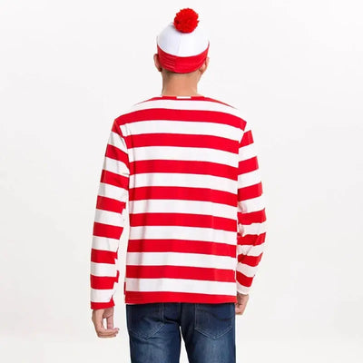 Waldo Book Week Fancy Dress Where's Wally Family Matching Parent-Child Costume Red White Stripe Shirt +Hat +Glasses Girls Boys - Mein Shop