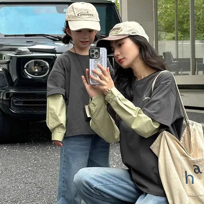 Fashion Family Long Sleeve T-shirt Parent-child Tee Korean Father Mother and Son Daughter Same Clothes Dad Mom and Baby Clothing