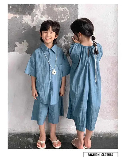 Family Matching Clothes for Brother Sister Mom Daughter Blue Dress Dad Son Clothing Korean Children Two Piece Set Couples Outfit
