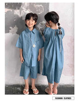 Family Matching Clothes for Brother Sister Mom Daughter Blue Dress Dad Son Clothing Korean Children Two Piece Set Couples Outfit