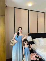 Family Fashion Beach Mother Father and Girl Boy Blue Clothes Vacation Look Mom Daughter Holiday Dress Korean Dad Son T Shirts