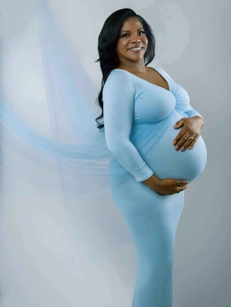 Schwangerenkleider Fotoshooting mit langen Ärmeln und V-Ausschnitt, elegante Mesh-Robe mit Bodenschleppe für Schwangerschaftsfotos und Babypartys