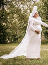 Schwangerenkleider Fotoshooting mit langen Ärmeln und V-Ausschnitt, elegante Mesh-Robe mit Bodenschleppe für Schwangerschaftsfotos und Babypartys