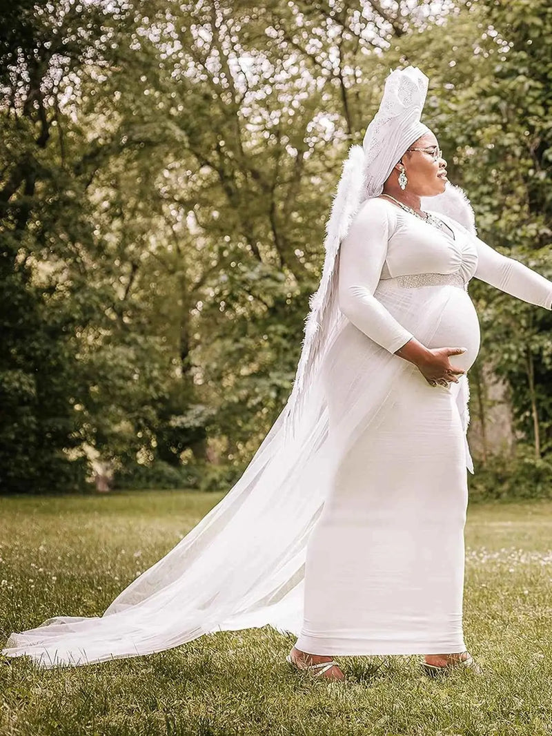 Schwangerenkleider Fotoshooting mit langen Ärmeln und V-Ausschnitt, elegante Mesh-Robe mit Bodenschleppe für Schwangerschaftsfotos und Babypartys