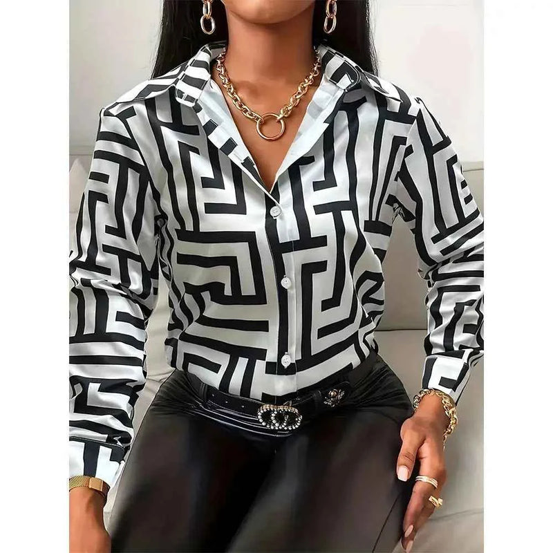 Women'S Shirt Elegant Evening Gown Women'S Plus-Size Lapel Button-Down Long-Sleeved Top Summer Fashion Hawaiian Vacation Shirt