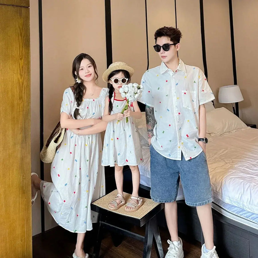 Fashion Family Matching Couple Clothes Mother and Daughter White Dress Dad and Son Baby Clothing Korean Boys Two Piece Outfits