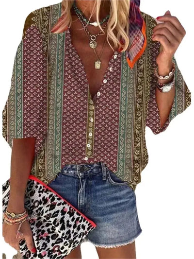 2024 New Women's Shirts & Blouses Fashion Vintage Printed Casual Vacation Bohemian Style Lady Single-breasted Shirt Streetwear - Mein Shop