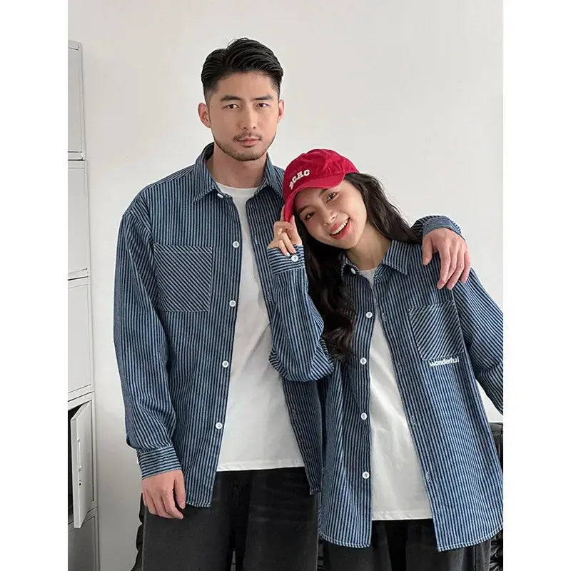 Family Cotton Denim Shirts Parent-child Fashion Clothes Mother and Daughter Jacket Korean Father and Son Same Stripe Coat Tops - Mein Shop